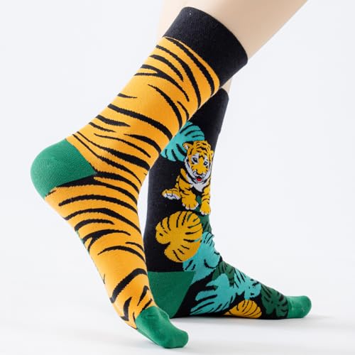 2 Pairs Cartoon Animal Crew Socks Fun Cotton Mid Calf Socks for Women - color: Tiger