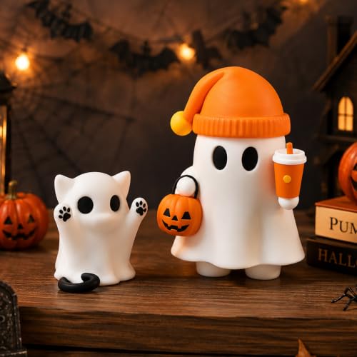 Cute Cat Halloween Ghost Figurine with Pumpkin Bucket and Orange Drink - color: Orange Pumpkin Kitten Ghost