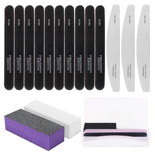 15PCS Nail Files and Buffer with Storage Box,Professional Manicure Pedicure Kit White Buffer Block Reusable 100/180 Grit Nail Files Emery Board Black for Nature Acrylic Nails Home Salon Travel Use