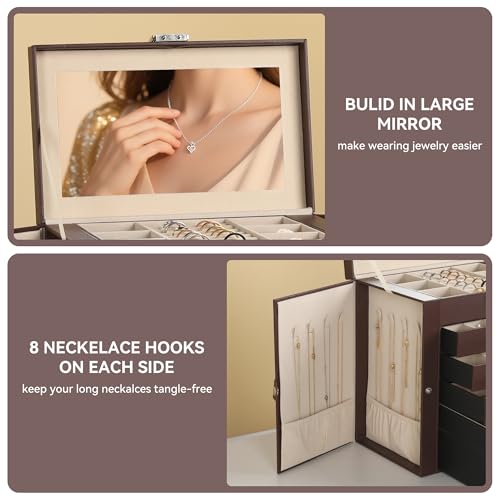 Frebeauty 6-Layer Jewelry Box for Women,Large Jewelry Organizer with Drawer - color: Dark Brown, size: Large