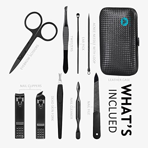HANTEKAS Manicure Set 9 in 1 Stainless Steel, Nail Clippers Scissors Pedicure Tools Kit - Portable Travel Grooming Kit for Men and Women with Leather Case (Blue-BIG Nail Clipper) - color: Blue-big Nail Clipper