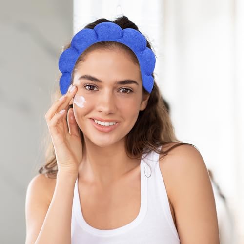 Beleki Spa Headband for Washing Face Wristband Set Sponge Makeup Skincare Face Washing Headband Terry Cloth Bubble Puffy Hairband Non Slip Headwear Hair Accessory for Women - Royal Blue - color: Royal Blue