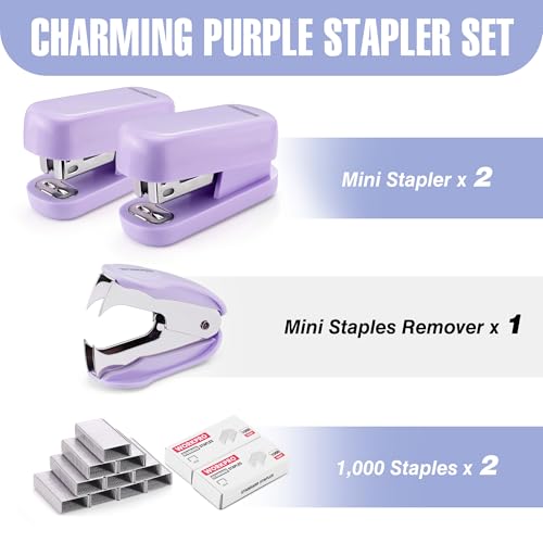 WORKPRO Small Stapler with Staples, Cute Purple Stapler Set, Lock Design - color: Purple