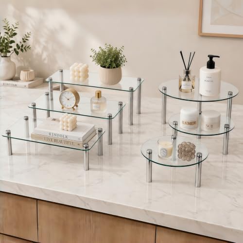 6 Piece Tempered Glass Display Stands Set, Clear Table Organizer Risers - size: Round + Rectangular