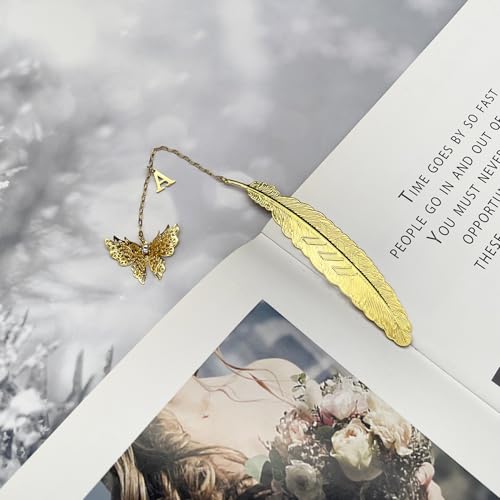 Initial Letter and Butterfly Charm Metal Feather Bookmark (Gold-A) - style: Gold-A