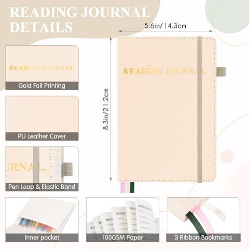 AKONEGE Reading Journal for Book Tracking - PU Leather Book Journal Reading Log with 80 Reviews for Readers, Accessories with Sticky Tabs, Pen Holder, Ribbon Bookmarks, 5.6" x 8.3", White - color: White
