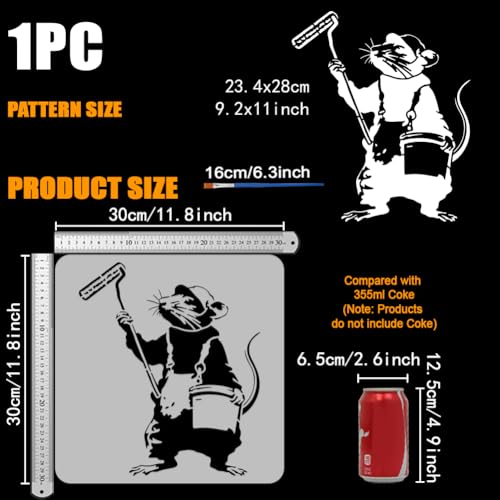 FINGERINSPIRE Banksy Mouse Stencil for Painting with Brush 11.8x11.8inch Reusable Mouse Holding Paint Roller Template Hollowed Rat Carrying Paint Bucket Stencil Plastic PET Banksy Theme Template - style: Banksy Mouse