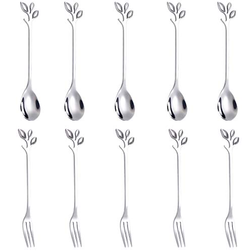 AnSaw 10-Pc Silver Mini Spoons & Forks Set, 4.7" - Leaf Handle - color: Silver
