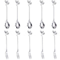 AnSaw 10-Pc Silver Mini Spoons & Forks Set, 4.7" - Leaf Handle - color: Silver