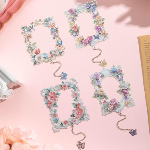 4 Pieces Metal Bookmarks for Women, Large Size Cute Hollow Bookmark Garland Flower Window Butterfly Unique Book Mark for Reading, Artistic Gift for Book Lovers Writers Readers Children Teens Men - style: 4Pcs Flower window