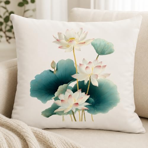 Lotus Flower Pillow Cover 18 x 18 Inches, Teal Leaf Zen Decor - color: Teal Lotus