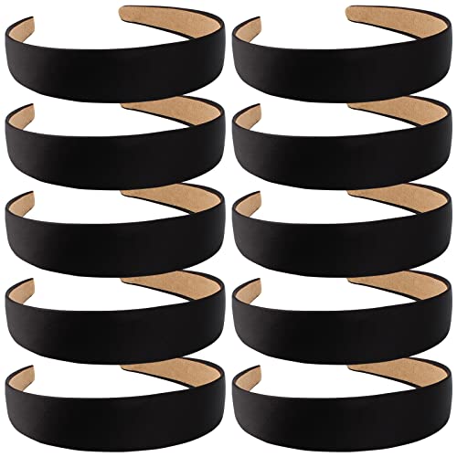 Wecoe 10 Pack Black Satin Wide 1.3 Inch Non-Slip Fashion Halloween DIY Plain Solid Hair Bands for Women and Girls - color: Black