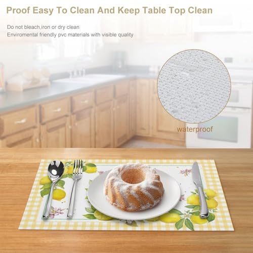 Yellow Lemon Placemats Set of 4, 12x18 Inch Summer Fruits Buffalo Plaid Baskets Floral Farmhouse Seasonal Spring Holiday Coffee Table Mats for Party Kitchen Dining Decoration - color: Pm-lemon03, size: 4pcs