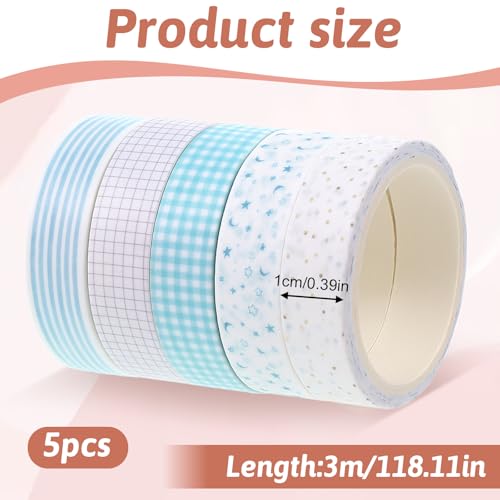 5 Rolls Basic Washi Tape Set, Adhesive Masking Skinny Decorative Tapes for Arts, DIY Crafts, Journals, Planners, Scrapbooking, Wrapping