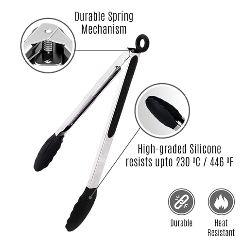Kitchen Tongs Set, 2 Pack Stainless Steel with Silicone Tips - size: Pack of 2 Black (9" & 12")