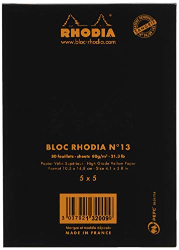 Rhodia cf132009 Notepad No. 13 (A6), 80 Sheets, 0.2 inch (5 mm) Ruled, Water Repellent Cover, Perforation, Black - color: Black, size: No.13(10.5×14.8cm), style: Graph ruled
