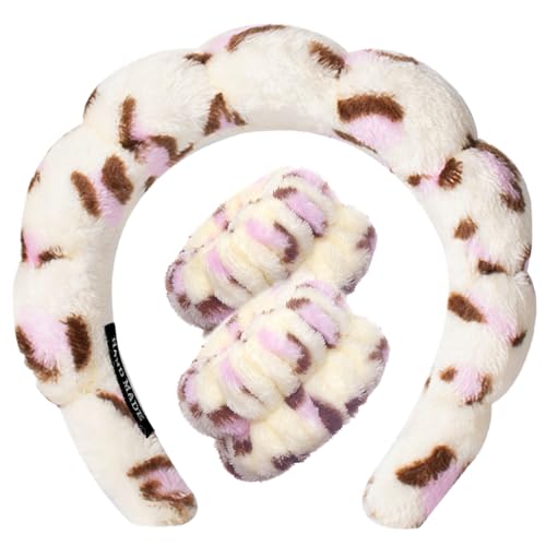 Tetizo Spa Headbands for Washing Face Wristband Set Sponge Makeup Skincare Headband Wrist Towels Bubble Soft Terry Towel Cloth Hairband for Women Puffy Headwear Non Slip Thick Thin Hair Headwear - color: Leopard Pink