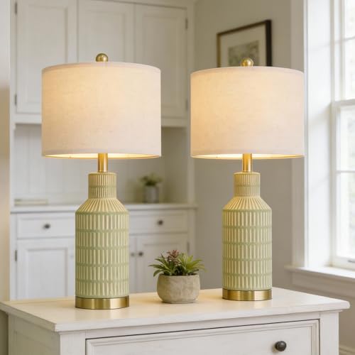 USumkky 25" Green Ceramic Table Lamp - Modern Bedside Nightstand Lamp, Easy Assembly Twist Knob Switch for Bedroom Living Room Home Office Decor (Bulb Not Included) - color: Green