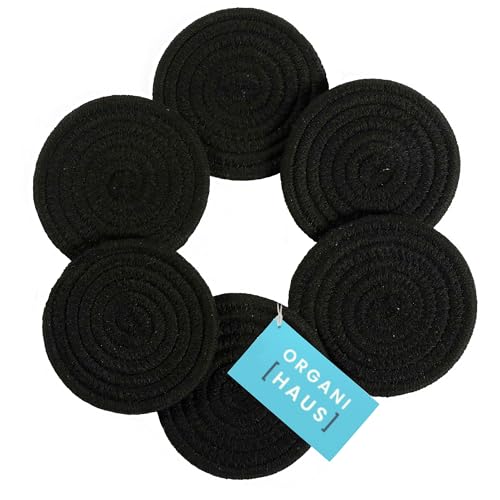 OrganiHaus Drink Coasters Set of 6, Absorbent Cotton Woven Cup Coasters, Rustic Farmhouse Boho Decor for Coffee Table and Drinks Protection, Cute Coaster for Drinks, Coaster for Office Desk - Black - color: Black