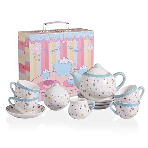 Sweejar Porcelain Tea Set for Little Girls,Kitchen Toys Tea Party Set for Kids Toddler Kitchen Pretend Toy Include Children Teapot, Cup & Saucer Sugar Bowl and Cream Pitcher(Sweet) - color: Sweet, style: Polka Dot