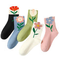 5/6 Pair Crew Socks for Women Floral Socks - color: Black, Blue, Green, White, Pink