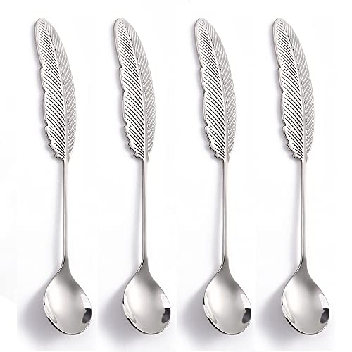 10 Pieces Dessert Spoons Stainless Steel, Cute Teaspoons Set, Espresso Spoons for Coffee Tea Ice Cream Cake Pudding Dessert Condiment, Coffee bar Stirring Spoons, Feather Shape 6.1 inch - size: Silver