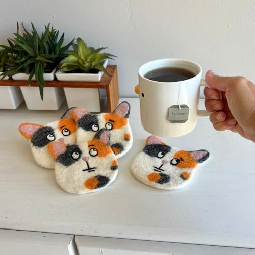 Humble Hilo Handmade Animal Felt Coaster Set of 4, Absorbent Coaster for Animal Lover (Calico Cat) - color: Calico Cat