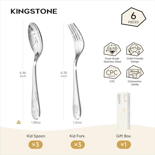 KINGSTONE 6 Pcs Large Kids Utensils, 18/10 Stainless Steel, Honey Bear - color: Honey Bear, size: 6-Piece (Large)