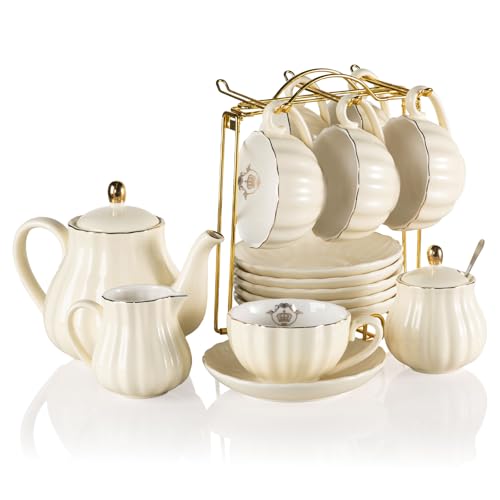 Sweejar Porcelain Tea Sets British Royal Series, 8 OZ Cups & Saucer Service for 6, with Teapot Sugar Bowl Cream Pitcher Teaspoons and Tea Strainer, Suitable for High Tea, Wedding, Party（Beige） - color: Beige
