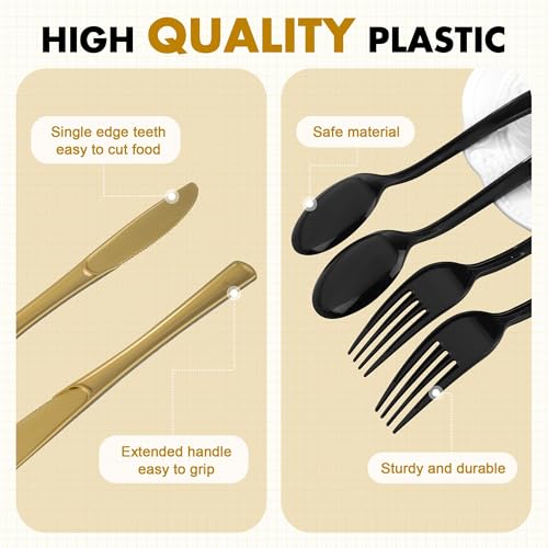 Kochorie 300 PCS Heavy Duty Black and Gold Plastic Silverware Cutlery Set - color: Black and Gold