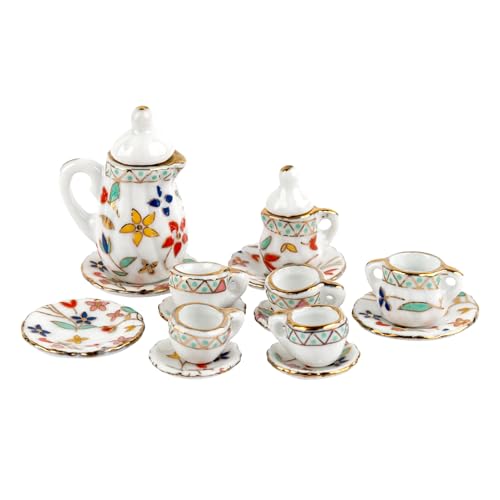 AUEAR, 15 Pack Miniature Ware Porcelain Tea Set 1:12 Miniatur Dish Cup Plate Classic Kitchen Accessories(Gold Leaf Pattern)