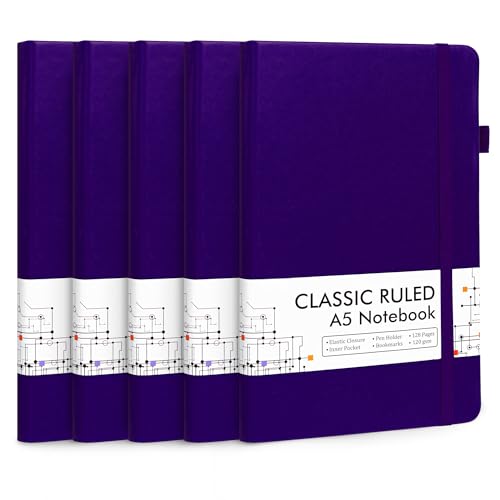 feela 5 Pack Journal Notebook Bulk for School, Hardcover Business Notebooks Classic Ruled Lined Journals with Pen Holder for Work Note Taking, with 5 Black Pens, 120 GSM, 5.1”x8.3”, A5, Purple - color: 5 Purple