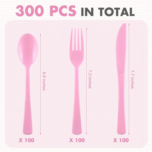 Kochorie 300 Pieces Light Pink Plastic Silverware with Spoons Forks Knives - color: Light Pink