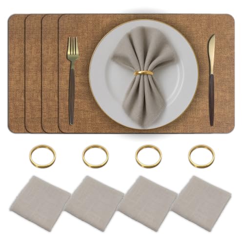 Placemats Set of 4 with Napkins and Rings - Washable Faux Leather Table Mat - color: Brown, size: Placemats Set of 4