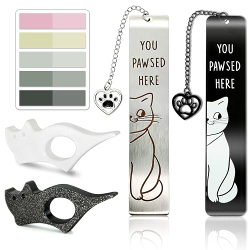 Cat Bookmark Set, Metal Cute Book Page Holder with Thumb Design & Index Tabs, Hands-Free Reading Accessories, Perfect Gift for Book Lovers