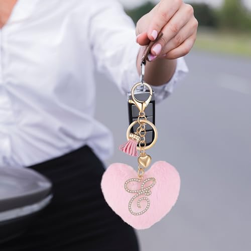 Initial Letter Heart Pom Pom Keychain for Women Pink Soft Fluffy Ball Key Ring for Purse Backpack Handbag - color: E