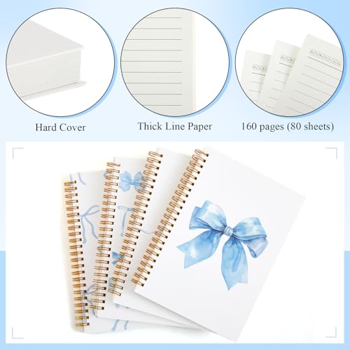 4 Pack Blue Bow Notebooks for Teen Girls & Women, Cute School Supplies, A5 - color: Blue, style: Bow Style