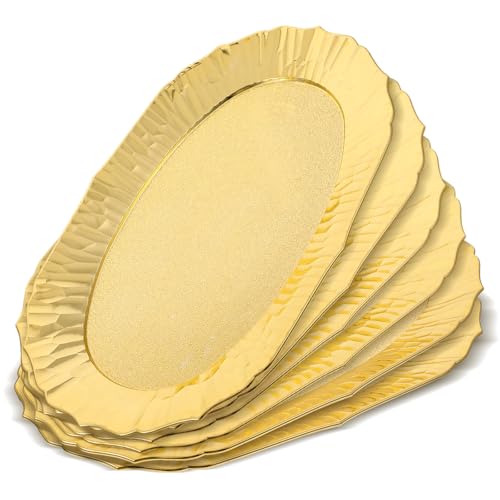 6 Pcs Gold Plastic Serving Trays Reusable Party Platters for Desserts, Snacks, Charcuterie, Cupcakes, Elegant Decorative Food Display, 14" x 8.5"