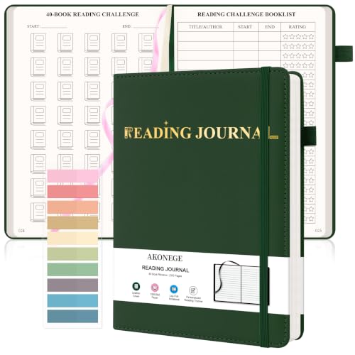 AKONEGE Reading Journal for Book Tracking - PU Leather Book Journal Reading Log with 80 Reviews for Readers, Accessories with Sticky Tabs, Pen Holder, Ribbon Bookmarks, 5.6" x 8.3", Earth Green - color: Earth Green