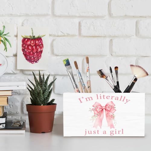 Pink Rose Coquette Bow Pen Holder for Desk, Preppy Girly Bow Pencil Organizer, I'm Literally Just a Girl Wooden Box Sign Desk Decor for Girls Bedroom Dorm Home Office Decoration - color: ROSE BOW