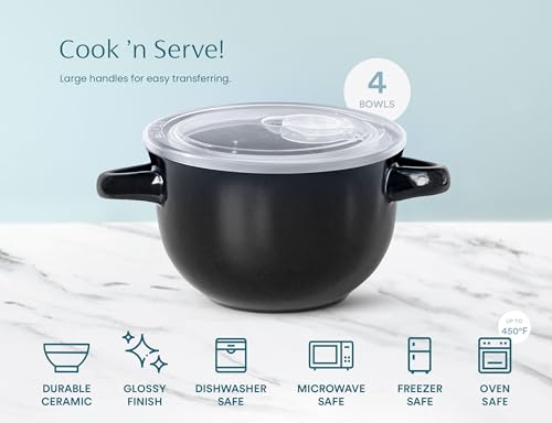 KooK French Onion Soup Crocks with Lids & Handles, Set of 4, Black - color: Black