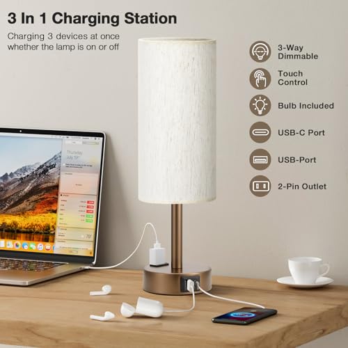 Fenmzee Brown Bedside Lamp for Bedroom, Dimmable Touch, USB A+C, AC Outlet - color: Cream - Brown, size: 14"