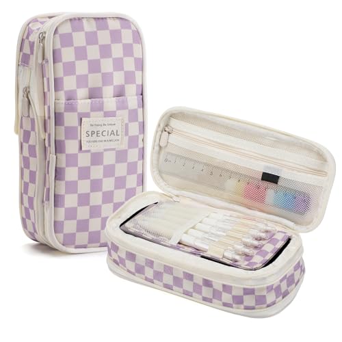 Bigmeta Gingham Expandable Pencil Case for Teens Girls - Purple - color: Purple