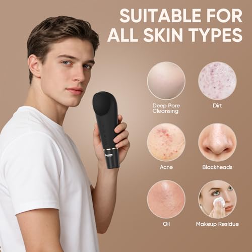 Silicone Face Scrubber Blackhead Scraper Rechargeable 2-in-1 Facial Cleansing Brush & Skin Spatula Duo, IPX7 Waterproof Exfoliating Massager Deep Cleansing for Women and Men(Black) - color: Black