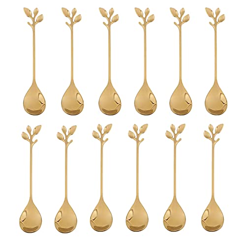 Gold Leaf Coffee Spoon Soup Spoons Sugar, Ice-Cream Tea Stirring 4.8 Inches Retro Dessert Demitasse Espresso Cutlery Kitchen Tableware-Set of 12 - color: Gold,Style 2