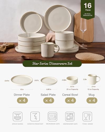 Famiware Stoneware Dinnerware Set with Mugs, Plates and Bowls, Dishes for 4 - color: White