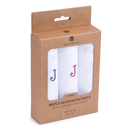 Initial Handkerchief for Men, Monogrammed Boxed 3 Piece Set,100% Cotton - color: J Initial