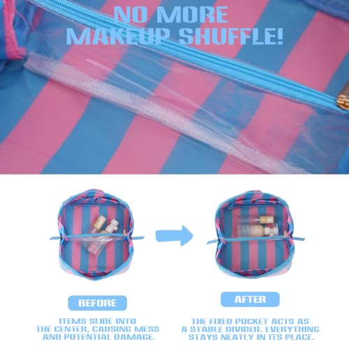DYSHAYEN Travel Makeup Bag, Blue and Pink Striped - color: Blue-Pink