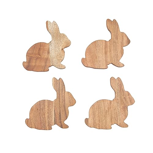 Easter Bunny Shaped Acacia Wood Premium Set of 4 Drink Coasters 4"