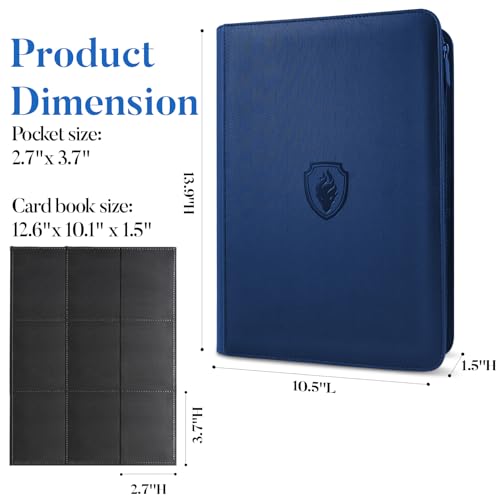 Premium Zip Card Binder, Fabmaker 9 Pocket Trading Card Binder PU Cover - color: Navy Blue, size: 9 Pocket - 13.9" x 10.5"